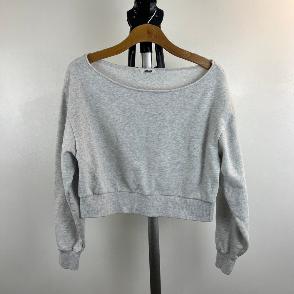 Garage Sweatshirt Women Small Gray Cropped Off-Shoulder Long Sleeve Boat Neck